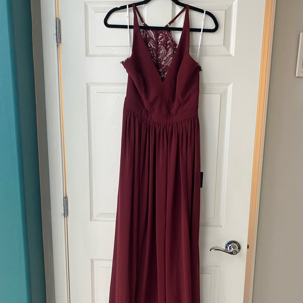 Large Lulu’s “Love Spell Burgundy Lace Back Maxi Dress”. Brand New with Tags.